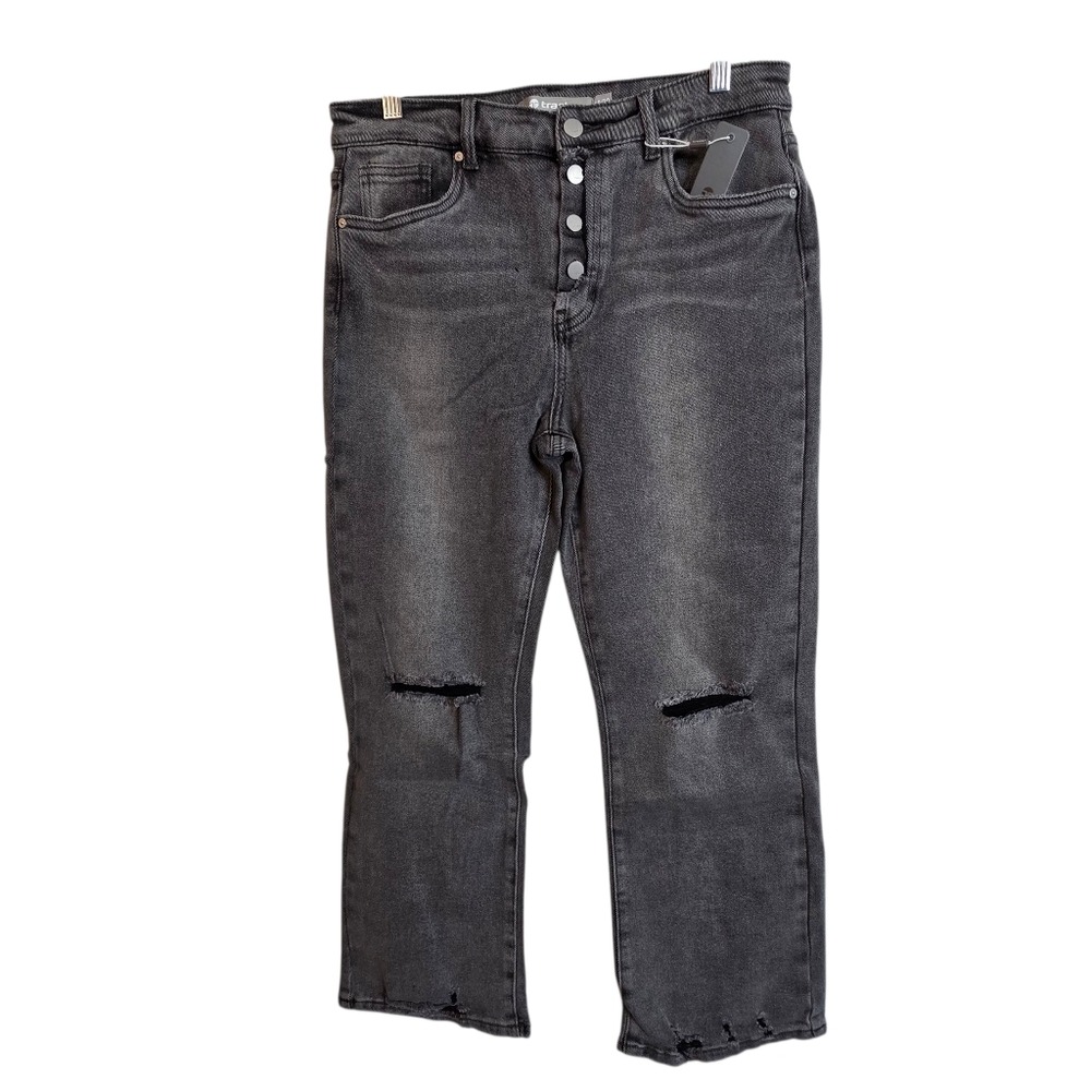 Tractr Distressed High Rise Cropped Black Washed Open Button Fly Size 10/30 New